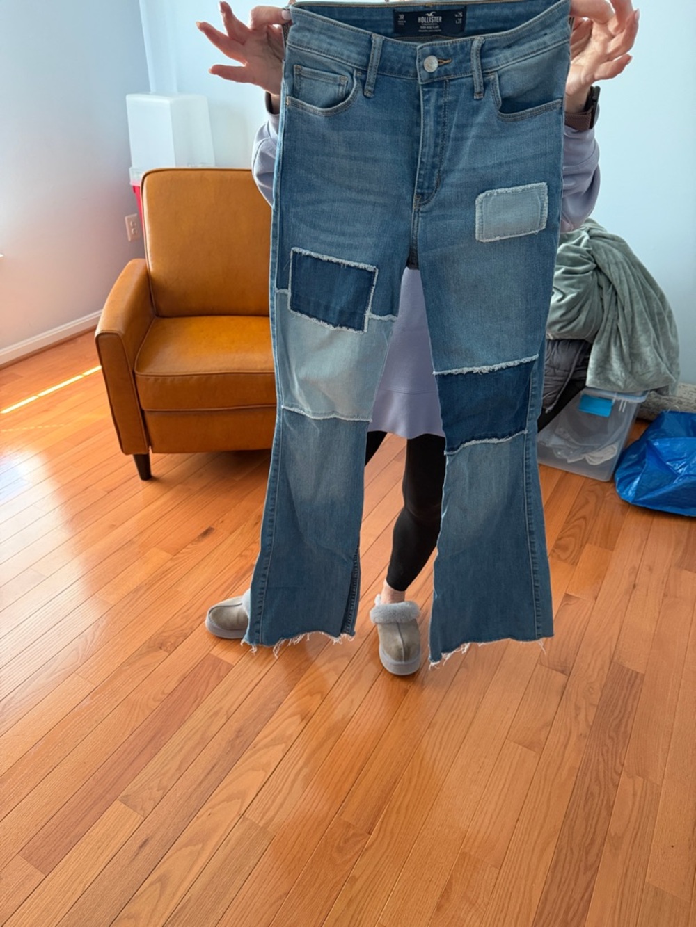 Hollister Patchwork Wide-Leg Jeans in Medium and Light Blue